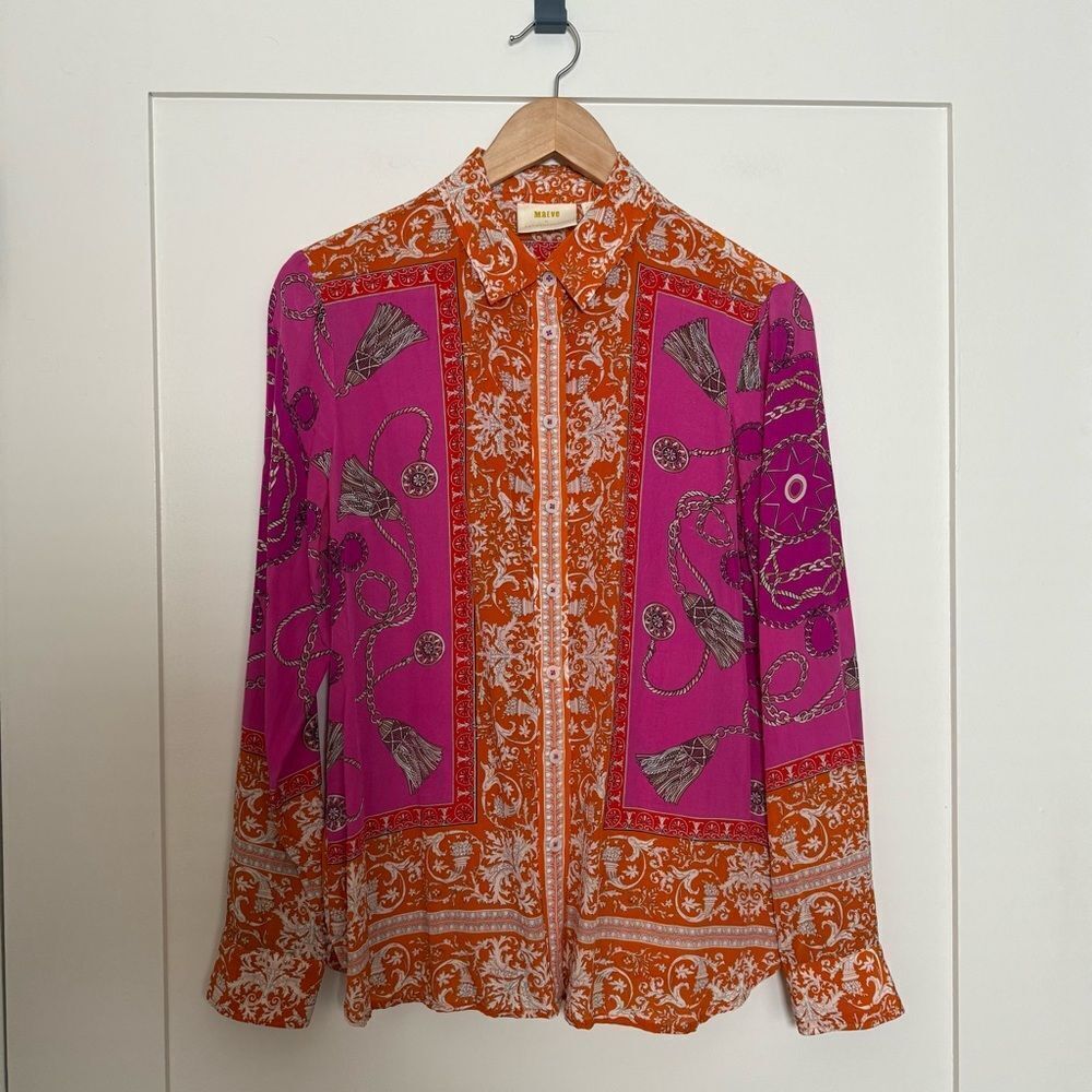 Maeve Anthropologie Potala Blouse Sz 8 Pink Orange Scarf Print Silk Button Up